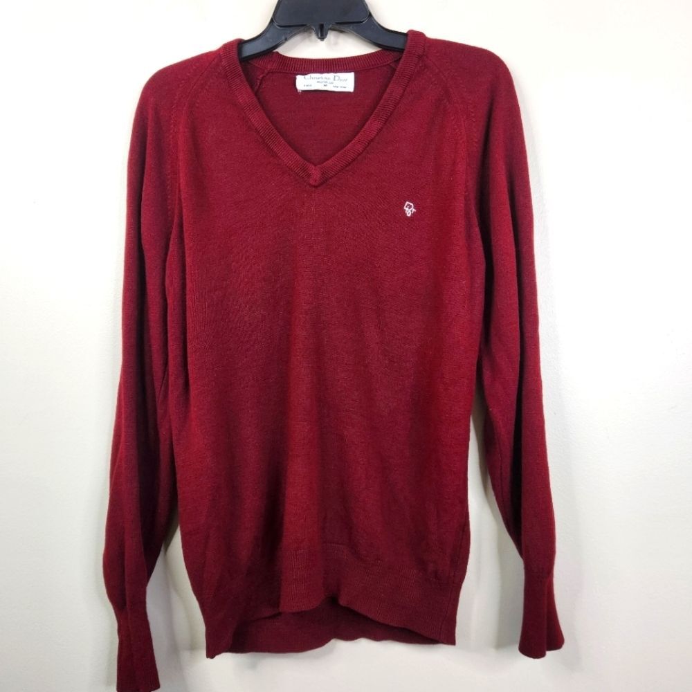 Vintage Christian Dior Monsieur V-Neck Embroidered Acrylic Sweater Medium